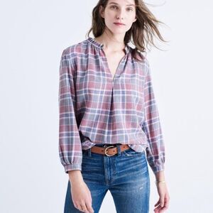 Madewell rivet & thread gathered collar‎ plaid blouse